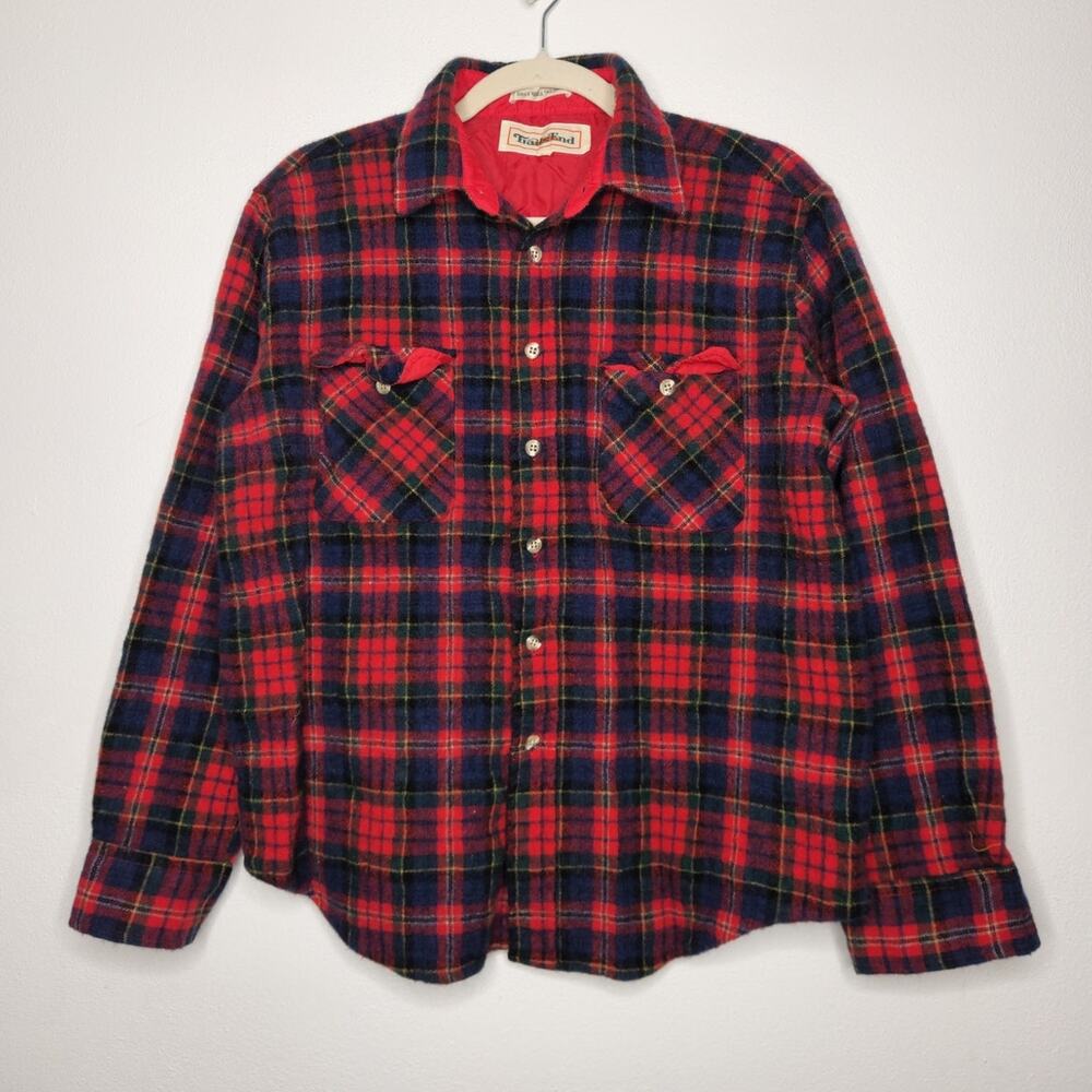 Vintage 70s 80s Trails End Large Flannel Wool Blend Plaid Lumberjack SHirt